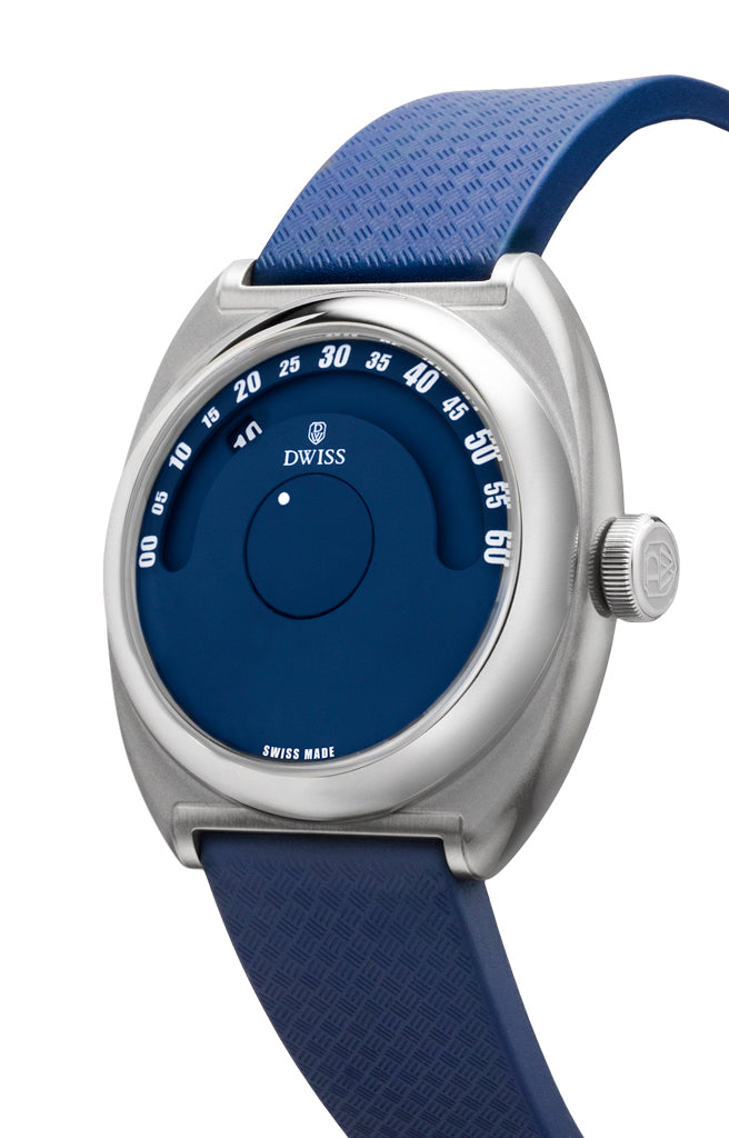 DWISS S1 Wandering hours Swiss made watch, in blue colour and white numbers - 3/4 picture - LJP G100 movement