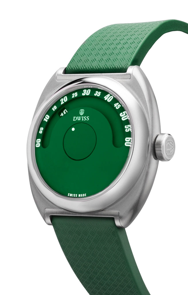 DWISS S1 Wandering hours Swiss made watch, in green colour and white numbers - 3/4 picture