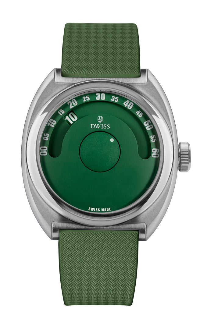 DWISS S1 Wandering hours with seconds, in green colour and orange numbers - front picture