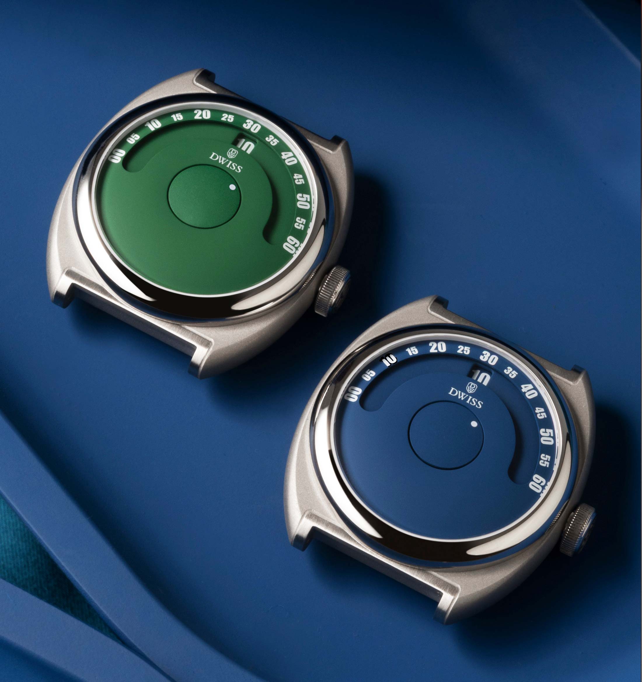 DWISS S1 Wandering hours swiss made watch with la Joux-perret movement. both models green and blue