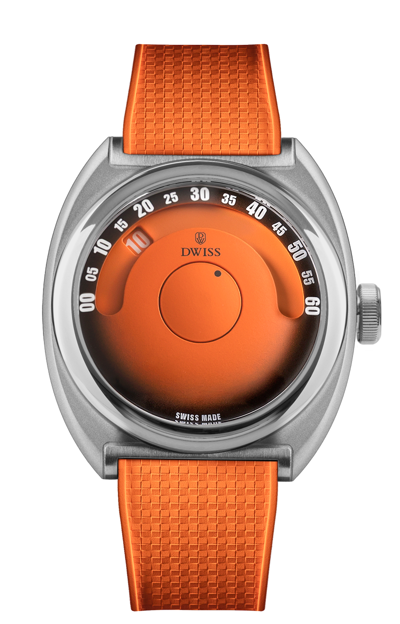 DWISS S1 Wandering Hours Orange with black gradient fume dial, front view. Indie Swiss microbrand with La Joux-Perret 68h power reserve, independent watchmaking