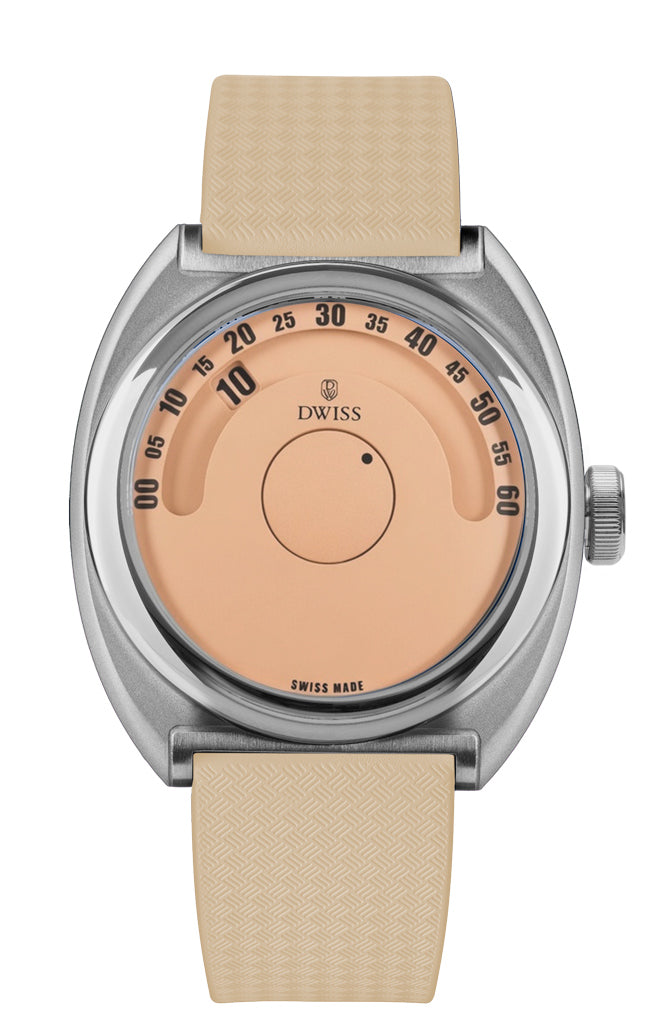 DWISS S1 Wandering hours with seconds, in Salmon colour and orange numbers - soldat picture