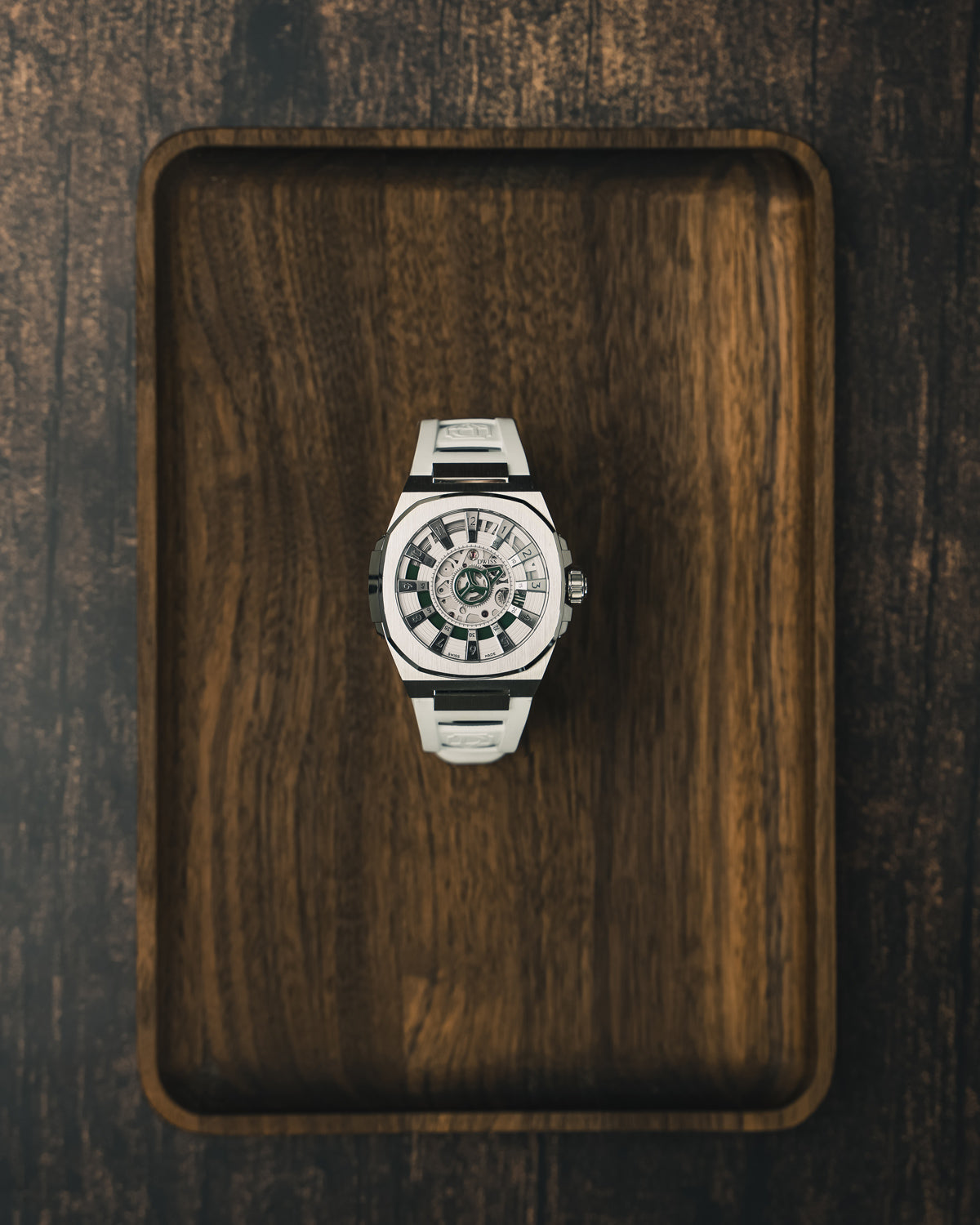 DWISS M3S blue - FKM white rubber strap, swiss made design awarded watch with DWISS signature mysterious hours time display and sapphire crystal