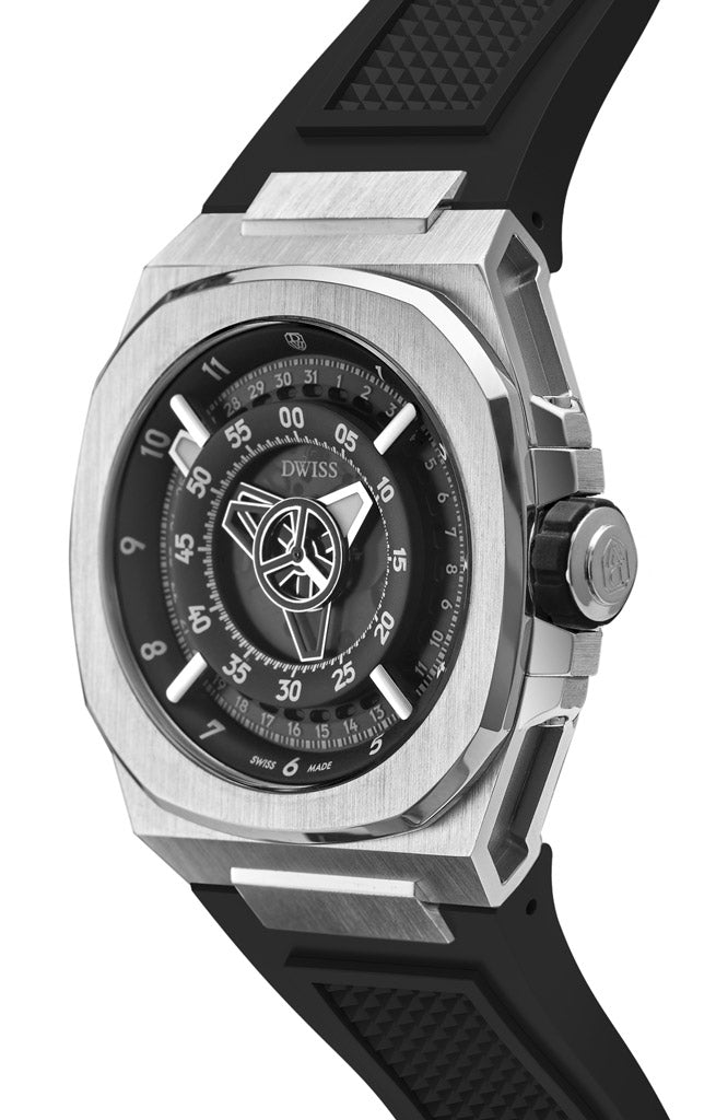 M3-black-rubber with DWISS unique displaced hours. Design awarded Swiss made watch using ETA 2824-2 elabore