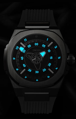M3-black-rubber with DWISS unique displaced hours. Design awarded Swiss made watch using ETA 2824-2 elabore