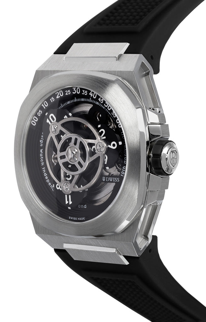 M3W-black-rubber- wandering hours swiss made watch with sellita sw-200 automatic movement from the microbrand DWISS