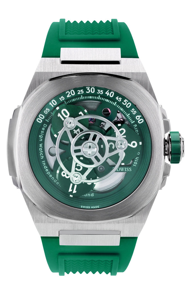 M3W-green-rubber- wandering hours swiss made watch with sellita sw-200 automatic movement from the microbrand DWISS