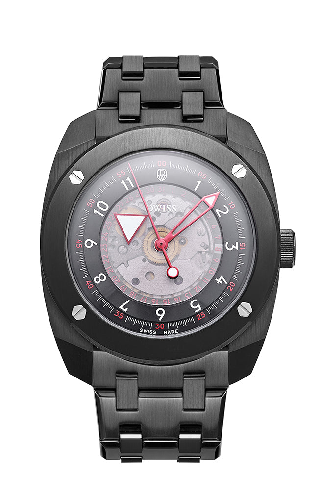 R2-BB-bracelet
SWISS MADE AUTOMATIC WRIST WATCH
with floating hours display
Dimension: 40,0 mm diameter, 10.5mm thickness
(case thickness: 6.8 mm + 1.6mm sapphire crystal + 2.0 mm caseback)
Movement: Swiss made automatic movement, Peseux P224
Number of jewels: 28 jewels, Frequency 28'800 bph. Power reserve: approximately 38h. Fully decorated with “perlage” and “cote de geneve”
Case: 316L Stainless Steel IP black, See-through case back
Dial: Black and red details with floating hours display