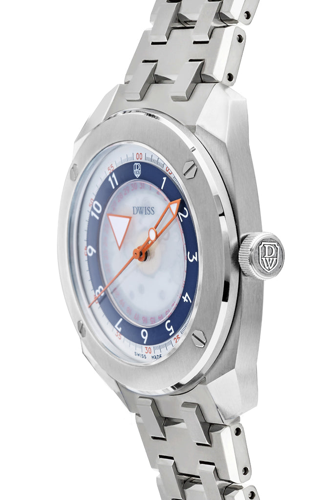 R2-SL-bracelet with DWISS floating hours display, swiss made watch using Peseux P224 automatic movement
