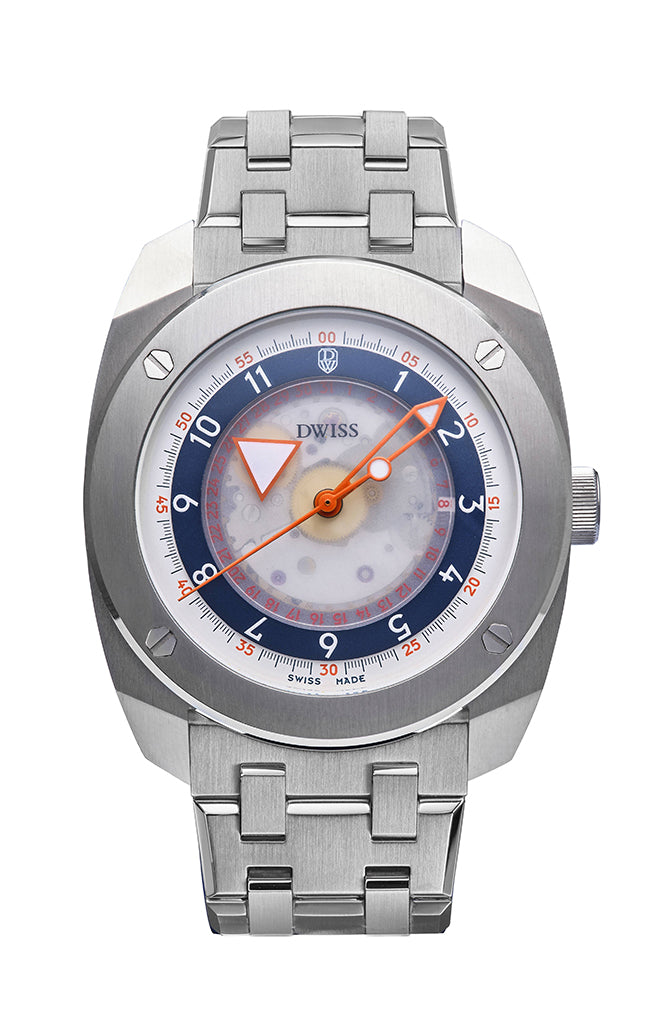 R2-SL-bracelet with DWISS floating hours display, swiss made watch using Peseux P224 automatic movement