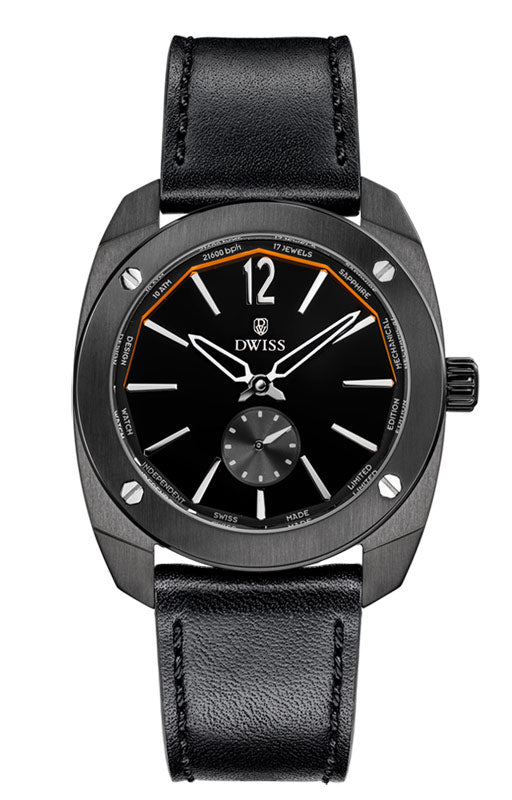 DWISS R1-BB Black Hand Wound Mechanical Swiss Made Watch with Strap
