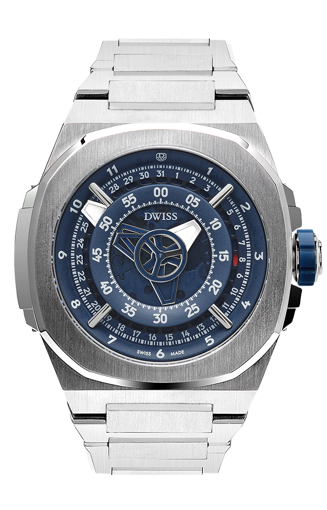 M3-blue-bracelet automatic swiss made watch with displaced hours