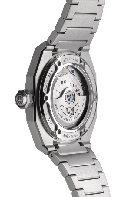 DWISS A1 - back picture showing the movement
SWISS MADE AUTOMATIC WRIST WATCH 
68 hours power reserve and solid Super LumiNova® blocks
Dimension: 40 mm diameter wide, lug to lug 45,5 mm, 10,8 mm thickness.
Movement: Swiss made automatic movement 
La Joux-Perret G100 Soigné
Number of jewels: 24,
Frequency 4Hz – 28’800
Power reserve 68 hours
Case: 316L Stainless Steel.