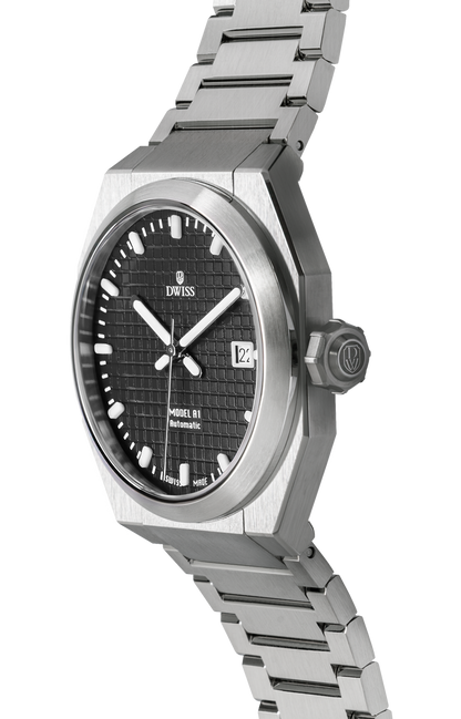 DWISS A1 - Black dial 3/4 picture
SWISS MADE AUTOMATIC WRIST WATCH 
68 hours power reserve and solid Super LumiNova® blocks
Dimension: 40 mm diameter wide, lug to lug 45,5 mm, 10,8 mm thickness.
Movement: Swiss made automatic movement 
La Joux-Perret G100 Soigné
Number of jewels: 24,
Frequency 4Hz – 28’800
Power reserve 68 hours
Case: 316L Stainless Steel.
Dial: Tapesserie Black with Super LumiNova® C1 X1 BL blocks
Luminous: Hands, Indexes and date window.
Glass (crystal): Sapphire crystal