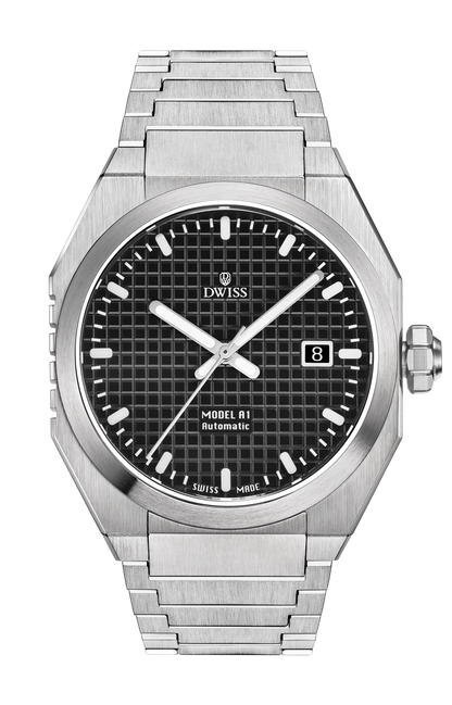 DWISS A1 - Black front picture
SWISS MADE AUTOMATIC WRIST WATCH 
68 hours power reserve and solid Super LumiNova® blocks
Dimension: 40 mm diameter wide, lug to lug 45,5 mm, 10,8 mm thickness.
Movement: Swiss made automatic movement 
La Joux-Perret G100 Soigné
Number of jewels: 24,
Frequency 4Hz – 28’800
Power reserve 68 hours
Case: 316L Stainless Steel.
Dial: Tapesserie Black with Super LumiNova® C1 X1 BL blocks
Luminous: Hands, Indexes and date window.
Glass (crystal): Sapphire crystal