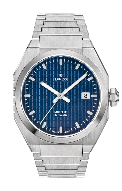DWISS A1 - Blue front picture
SWISS MADE AUTOMATIC WRIST WATCH 
68 hours power reserve and solid Super LumiNova® blocks
Dimension: 40 mm diameter wide, lug to lug 45,5 mm, 10,8 mm thickness.
Movement: Swiss made automatic movement 
La Joux-Perret G100 Soigné
Number of jewels: 24,
Frequency 4Hz – 28’800
Power reserve 68 hours
Case: 316L Stainless Steel.
Dial: Tapesserie Blue with Super LumiNova® C1 X1 BL blocks
Luminous: Hands, Indexes and date window.
Glass (crystal): Sapphire crystal