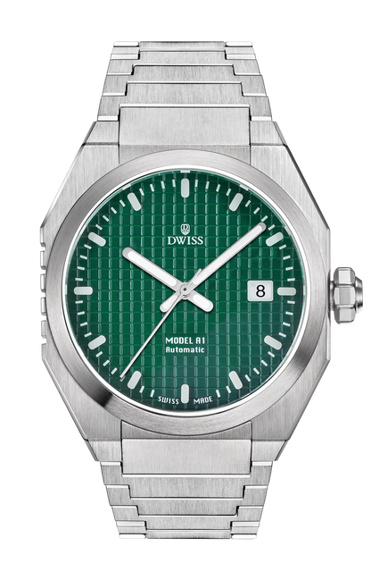 DWISS A1 - Green front picture
SWISS MADE AUTOMATIC WRIST WATCH 
68 hours power reserve and solid Super LumiNova® blocks
Dimension: 40 mm diameter wide, lug to lug 45,5 mm, 10,8 mm thickness.
Movement: Swiss made automatic movement 
La Joux-Perret G100 Soigné
Number of jewels: 24,
Frequency 4Hz – 28’800
Power reserve 68 hours
Case: 316L Stainless Steel.
Dial: Tapesserie Green with Super LumiNova® C1 X1 BL blocks
Luminous: Hands, Indexes and date window.
Glass (crystal): Sapphire crystal