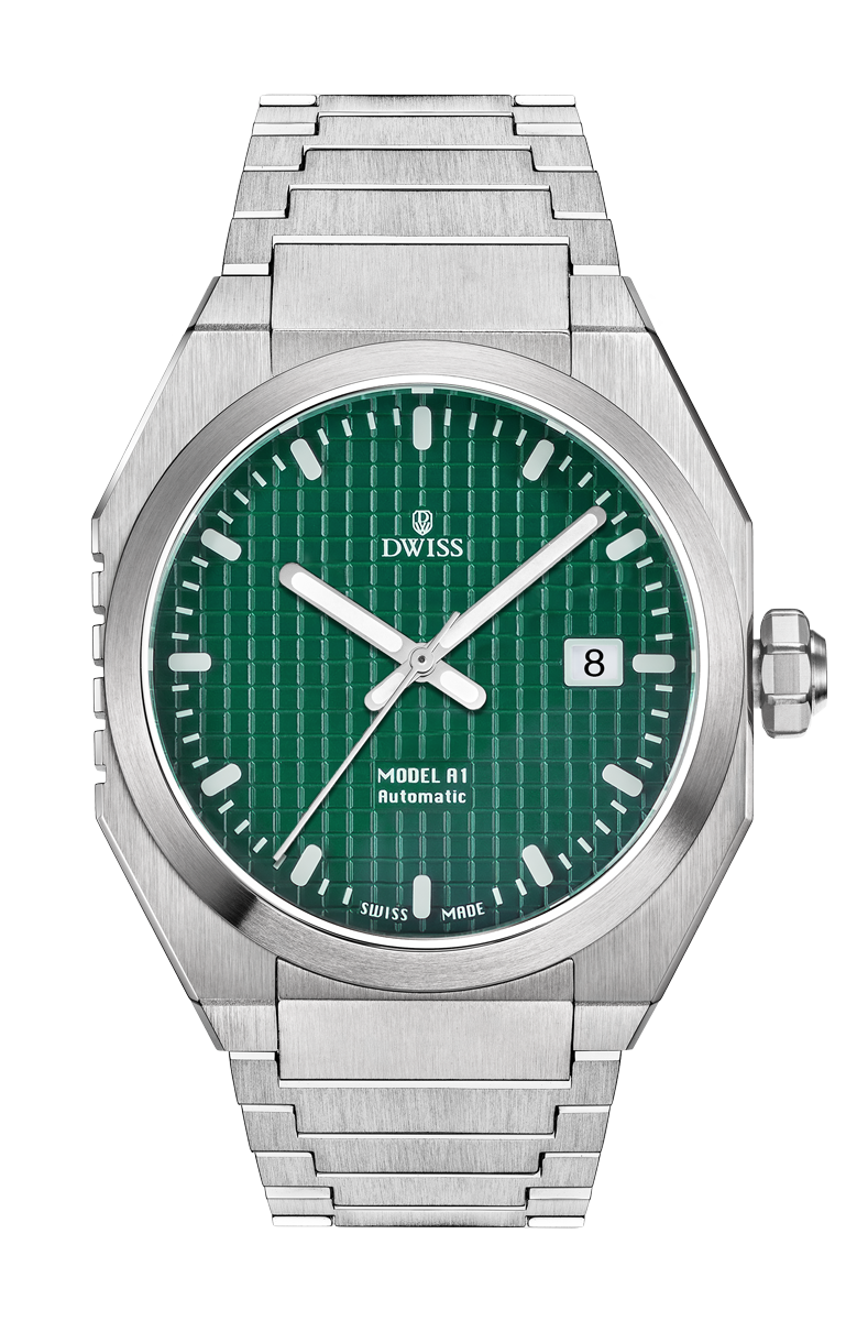 DWISS A1 - Green front picture
SWISS MADE AUTOMATIC WRIST WATCH 
68 hours power reserve and solid Super LumiNova® blocks
Dimension: 40 mm diameter wide, lug to lug 45,5 mm, 10,8 mm thickness.
Movement: Swiss made automatic movement 
La Joux-Perret G100 Soigné
Number of jewels: 24,
Frequency 4Hz – 28’800
Power reserve 68 hours
Case: 316L Stainless Steel.
Dial: Tapesserie Green with Super LumiNova® C1 X1 BL blocks
Luminous: Hands, Indexes and date window.
Glass (crystal): Sapphire crystal