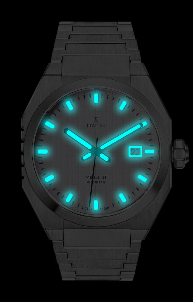 SWISS MADE AUTOMATIC WRIST WATCH 
68 hours power reserve and solid Super LumiNova® blocks

Dimension: 40 mm diameter wide, lug to lug 45,5 mm, 10,8 mm thickness.
Movement: Swiss made automatic movement
La Joux-Perret G100 Soigné
Number of jewels: 24,
Frequency 4Hz – 28’800
Power reserve 68 hours
Case: 316L Stainless Steel. See-through case back
Dial: Tapesserie with Super LumiNova® C1 X1 BL blocks
Luminous: Hands, Indexes and date window.
Glass (crystal): Sapphire crystal with anti-reflective coating