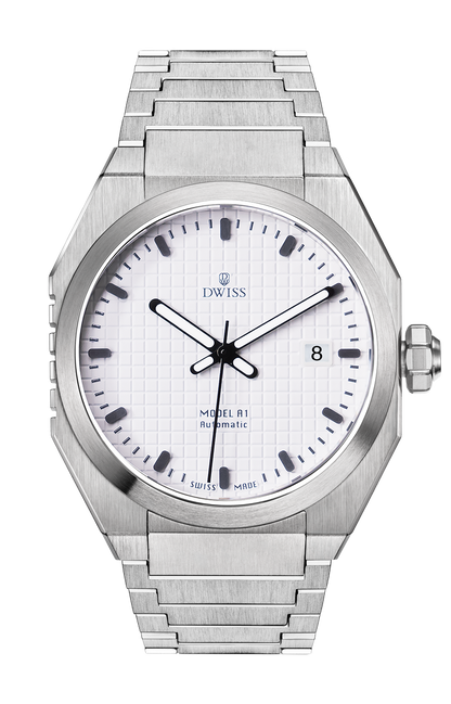 DWISS A1 - White front picture
SWISS MADE AUTOMATIC WRIST WATCH 
68 hours power reserve and solid Super LumiNova® blocks
Dimension: 40 mm diameter wide, lug to lug 45,5 mm, 10,8 mm thickness.
Movement: Swiss made automatic movement 
La Joux-Perret G100 Soigné
Number of jewels: 24,
Frequency 4Hz – 28’800
Power reserve 68 hours
Case: 316L Stainless Steel.
Dial: Tapesserie White with Super LumiNova® C1 X1 BL blocks
Luminous: Hands, Indexes and date window.
Glass (crystal): Sapphire crystal
