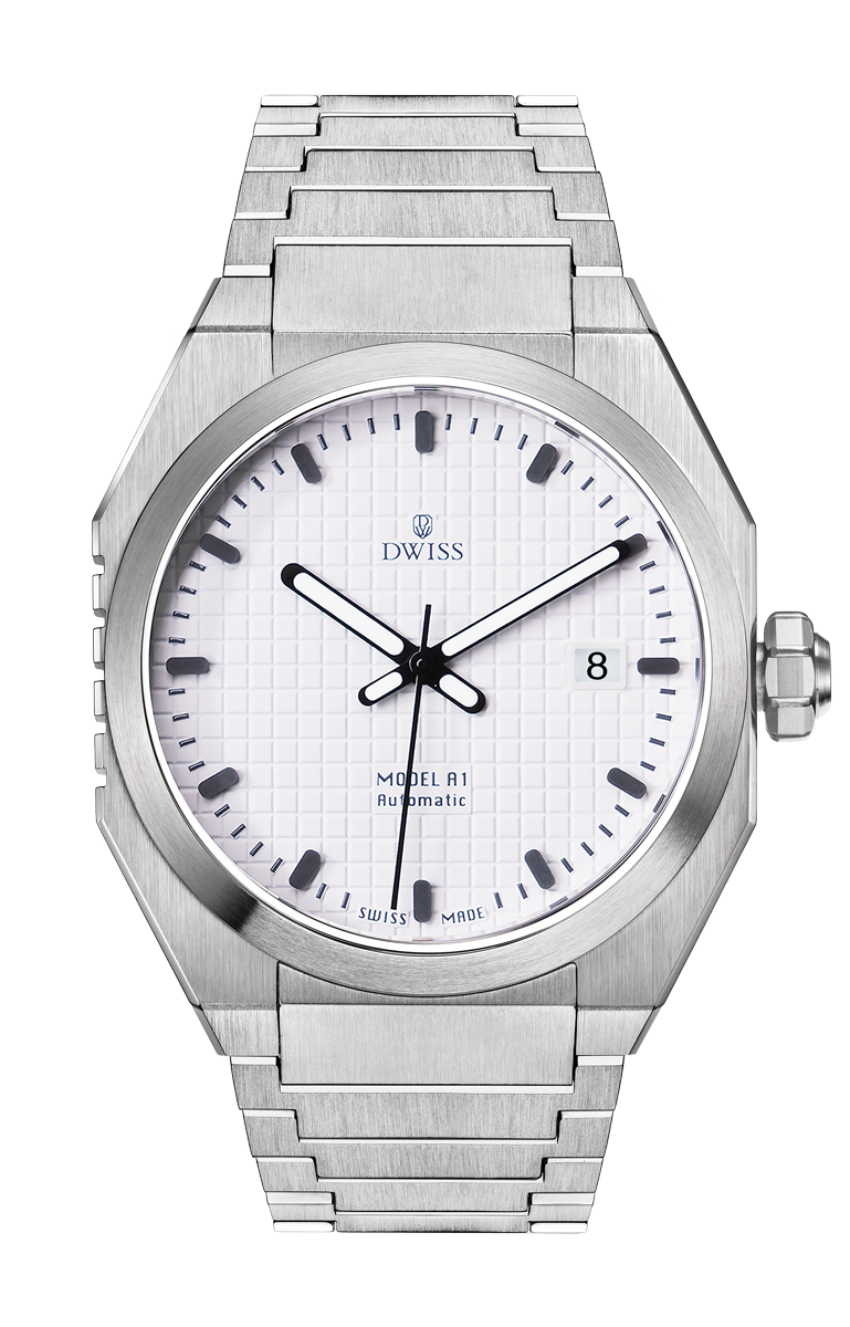 DWISS A1 - White front picture
SWISS MADE AUTOMATIC WRIST WATCH 
68 hours power reserve and solid Super LumiNova® blocks
Dimension: 40 mm diameter wide, lug to lug 45,5 mm, 10,8 mm thickness.
Movement: Swiss made automatic movement 
La Joux-Perret G100 Soigné
Number of jewels: 24,
Frequency 4Hz – 28’800
Power reserve 68 hours
Case: 316L Stainless Steel.
Dial: Tapesserie White with Super LumiNova® C1 X1 BL blocks
Luminous: Hands, Indexes and date window.
Glass (crystal): Sapphire crystal