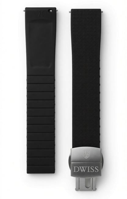CTS (cut to size) FKM rubber strap for DWISS model S1, with stainless steel buckle. Colour black