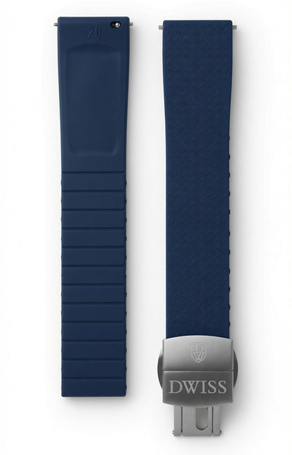 CTS (cut to size) FKM rubber strap for DWISS model S1, with stainless steel buckle. Colour dark blue
