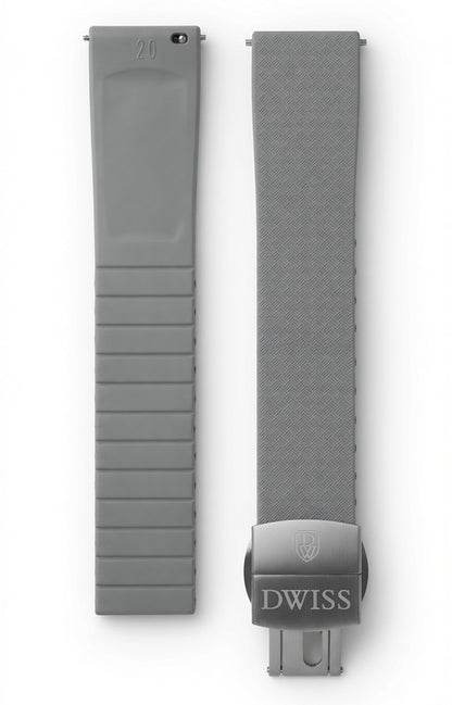 CTS (cut to size) FKM rubber strap for DWISS model S1, with stainless steel buckle. Colour grey