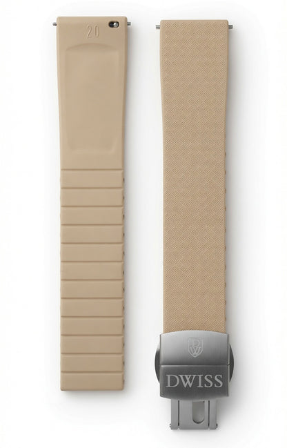 CTS (cut to size) FKM rubber strap for DWISS model S1, with stainless steel buckle. Colour Khaki