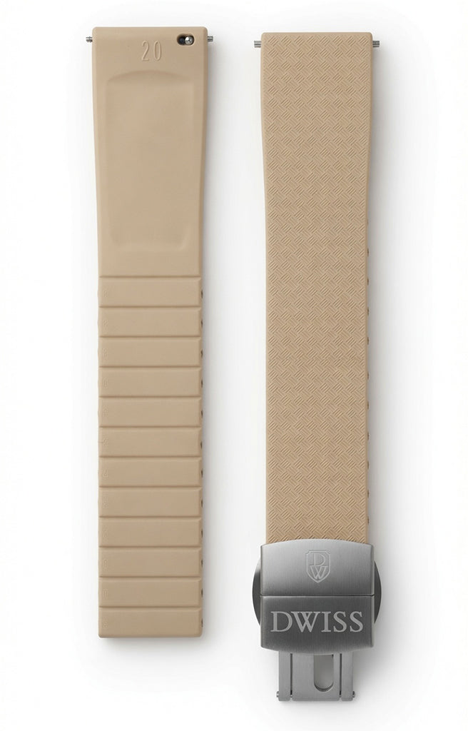 CTS (cut to size) FKM rubber strap for DWISS model S1, with stainless steel buckle. Colour Khaki