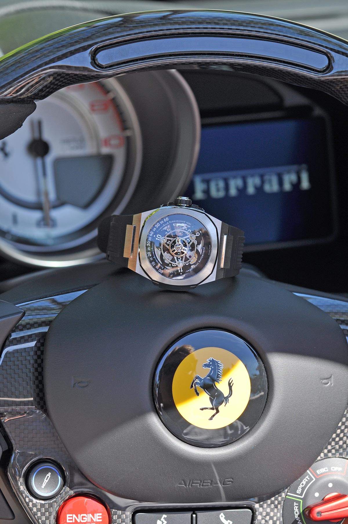 high end watches matching high end cars like ferrari, DWISS M3W wandering hours display, sapphire crystal, automatic movement