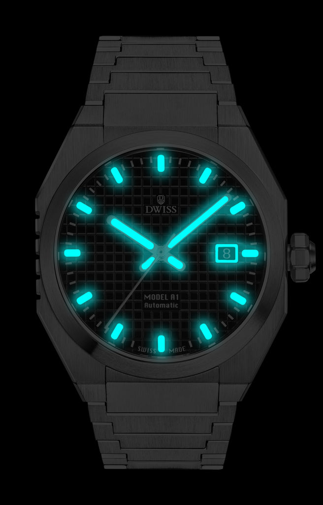 SWISS MADE AUTOMATIC WRIST WATCH 
68 hours power reserve and solid Super LumiNova® blocks

Dimension: 40 mm diameter wide, lug to lug 45,5 mm, 10,8 mm thickness.
Movement: Swiss made automatic movement
La Joux-Perret G100 Soigné
Number of jewels: 24,
Frequency 4Hz – 28’800
Power reserve 68 hours
Case: 316L Stainless Steel. See-through case back
Dial: Tapesserie with Super LumiNova® C1 X1 BL blocks
Luminous: Hands, Indexes and date window.
Glass (crystal): Sapphire crystal with anti-reflective coating