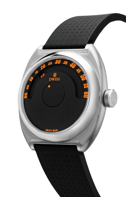 DWISS S1 Wandering Hours circular brushed silver dial, angle view. Indie Swiss microbrand with La Joux-Perret 68h power reserve, independent watchmaking
