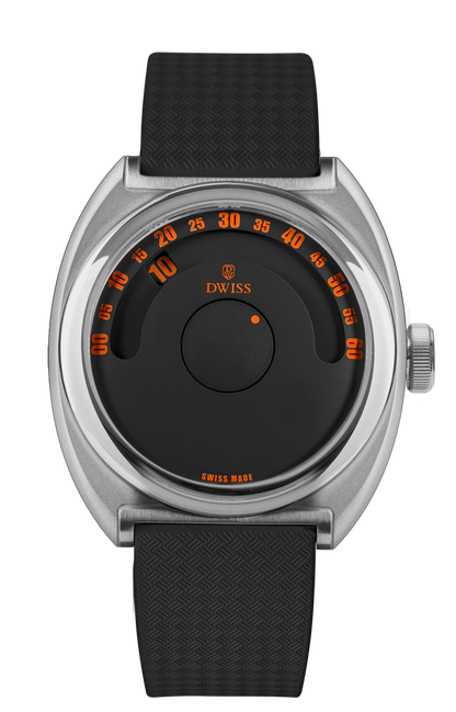 DWISS S1 Wandering Hours black dial with orange numbers, front view. Indie Swiss microbrand with La Joux-Perret 68h power reserve, independent watchmaking