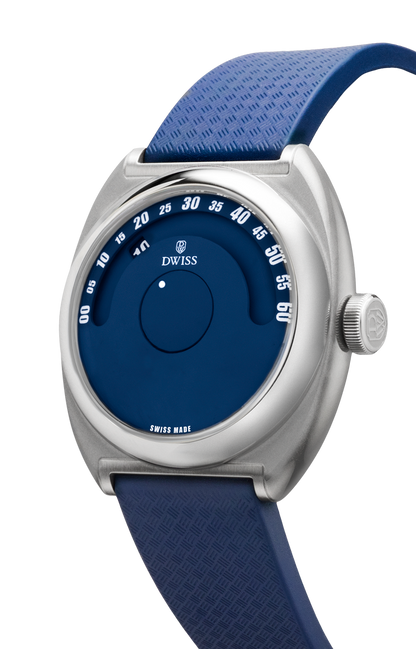 DWISS S1 Wandering Hours blue dial, angle view. Indie Swiss microbrand with La Joux-Perret 68h power reserve, independent watchmaking