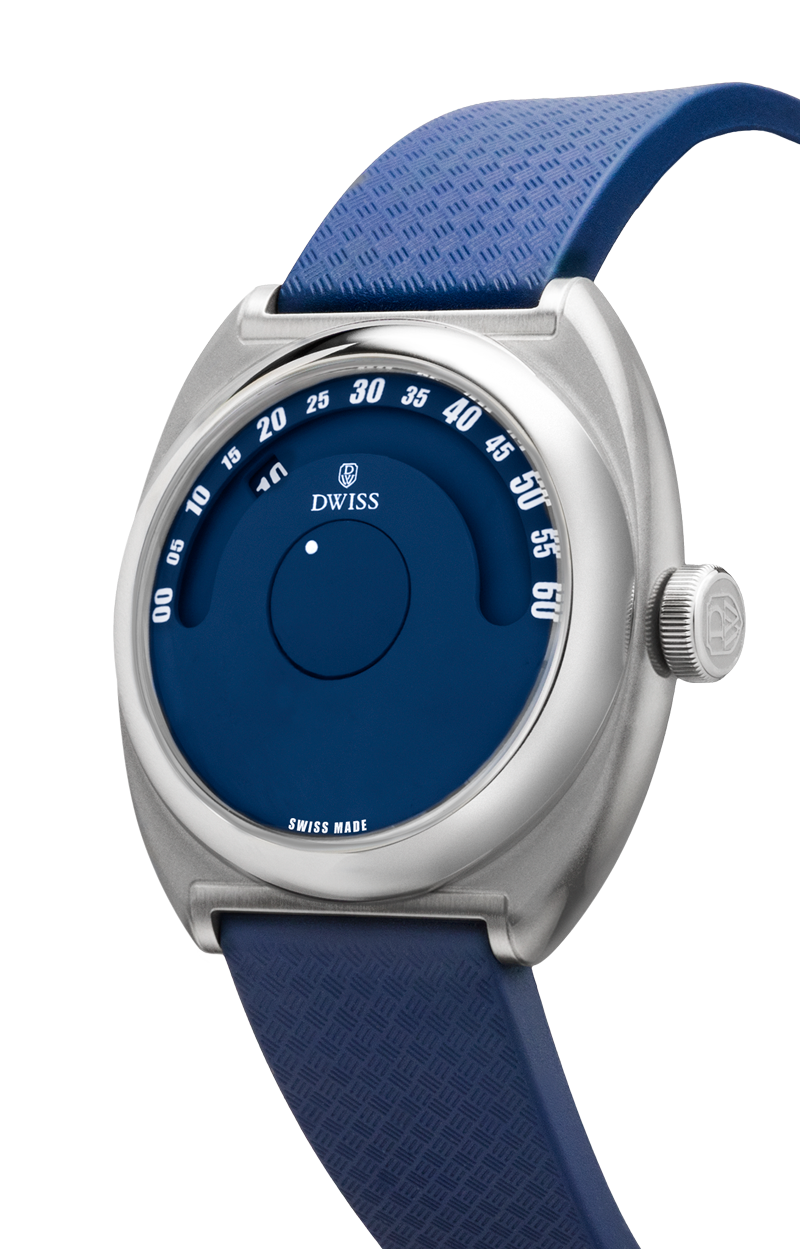 DWISS S1 Wandering Hours blue dial, angle view. Indie Swiss microbrand with La Joux-Perret 68h power reserve, independent watchmaking