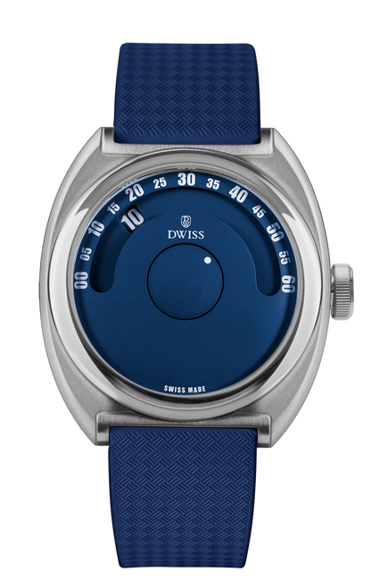 DWISS S1 Wandering Hours Blue dial, front view. Indie Swiss microbrand with La Joux-Perret 68h power reserve, independent watchmaking