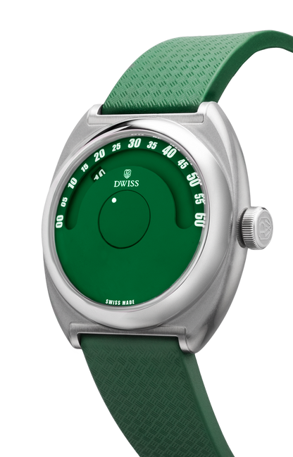 DWISS S1 Wandering Hours green dial, angle view. Indie Swiss microbrand with La Joux-Perret 68h power reserve, independent watchmaking