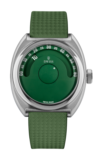DWISS S1 Wandering Hours green dial, front view. Indie Swiss microbrand with La Joux-Perret 68h power reserve, independent watchmaking