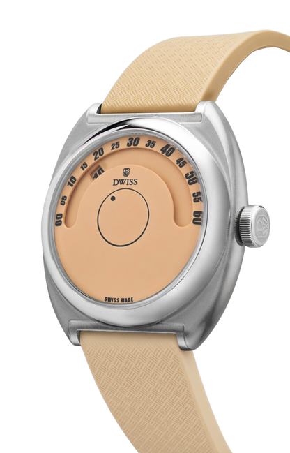 DWISS S1 Wandering Hours Salmon dial, angle view. Indie Swiss microbrand with La Joux-Perret 68h power reserve, independent watchmaking