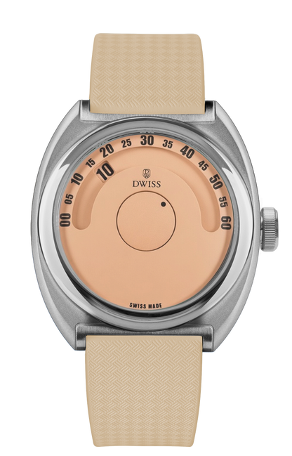 DWISS S1 Wandering Hours Salmon dial, front view. Indie Swiss microbrand with La Joux-Perret 68h power reserve, independent watchmaking