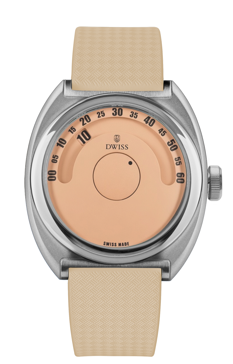 DWISS S1 Wandering Hours Salmon dial, front view. Indie Swiss microbrand with La Joux-Perret 68h power reserve, independent watchmaking