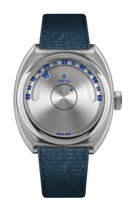 DWISS S1 Wandering Hours circular brushed dial, front view. Indie Swiss microbrand with La Joux-Perret 68h power reserve, independent watchmaking