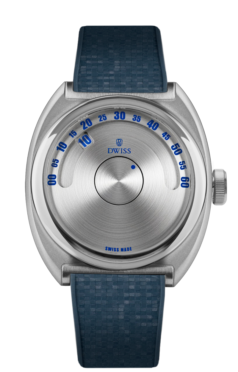 DWISS S1 Wandering Hours circular brushed dial, front view. Indie Swiss microbrand with La Joux-Perret 68h power reserve, independent watchmaking