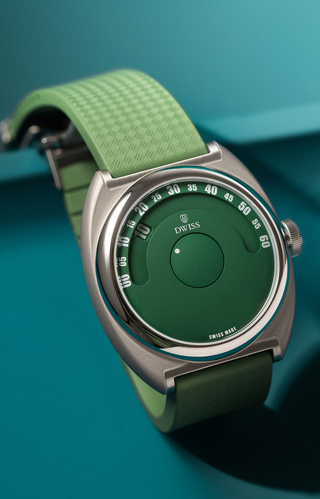 DWISS S1 green wandering hours watch front view Swiss Made limited edition