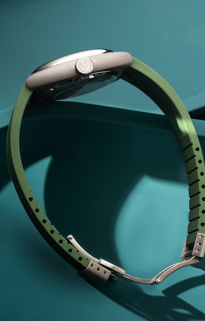 DWISS S1 green cushion case and strap Swiss Made wandering hours