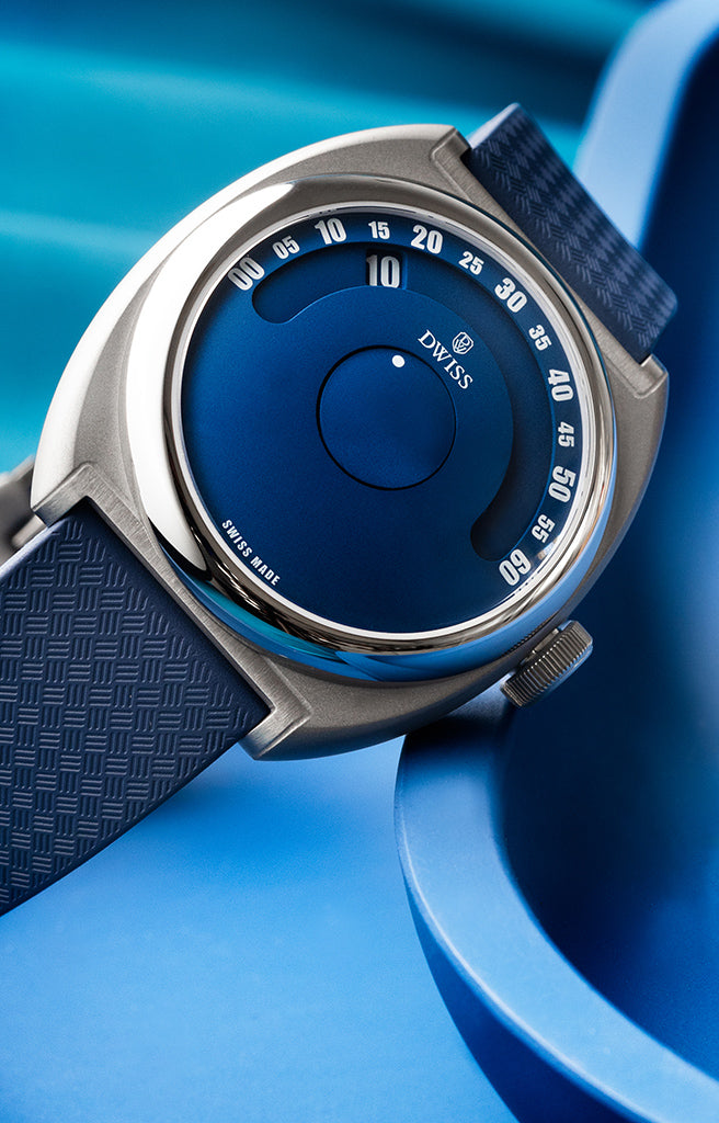DWISS S1 Swiss Made wandering hours watch blue cushion case close-up