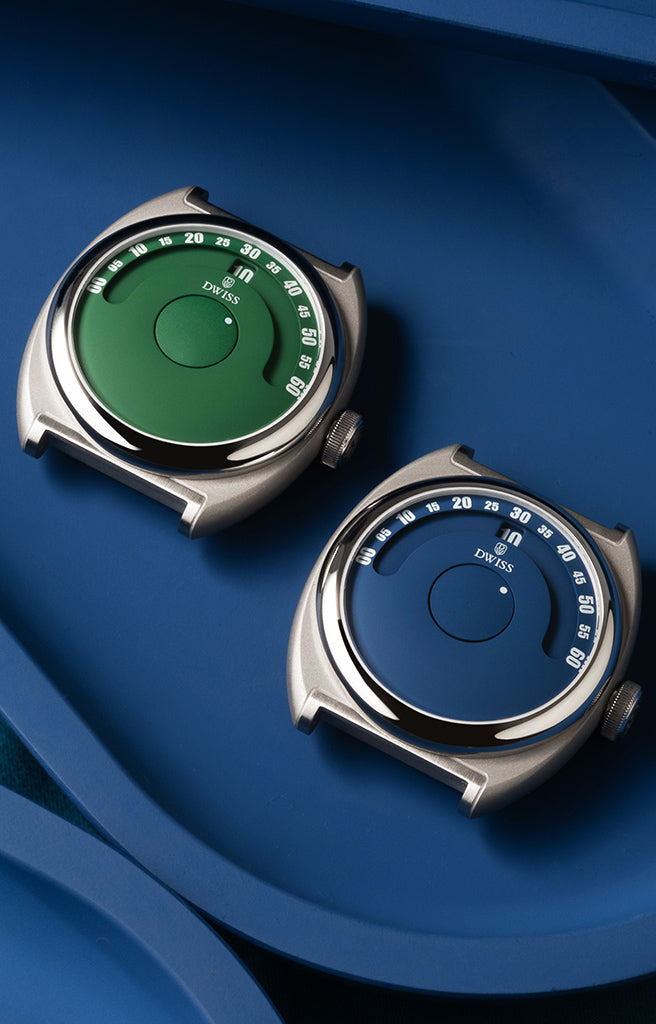 DWISS S1 blue and green wandering hours Swiss Made watches side by side