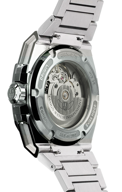 M3S back view - swiss made watch with DWISS signature mysterious hours easy interchangeable bracelet using sellita SW200-1 movement