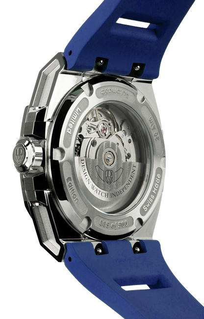 M3S white and blue dial - swiss made watch with DWISS signature mysterious hours easy interchangeable strap using sellita SW200-1 movement back view